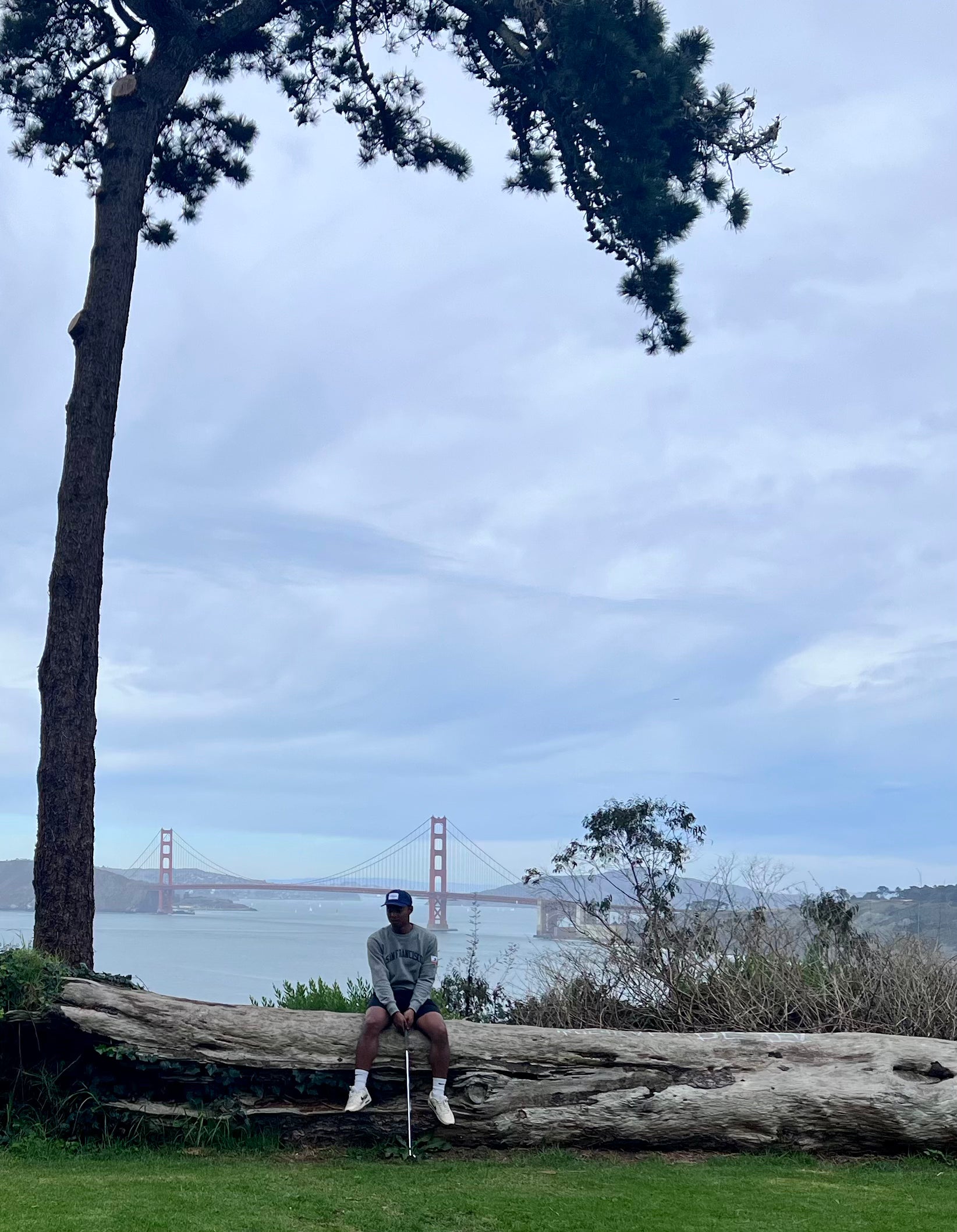Person sitting on a log with the Golden Gate Bridge in the background
